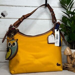 Dooney & Bourke Yellow Nylon and Suede Shoulder Bag with Owl Charm